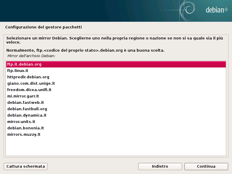 Selezionare un mirror di Debian